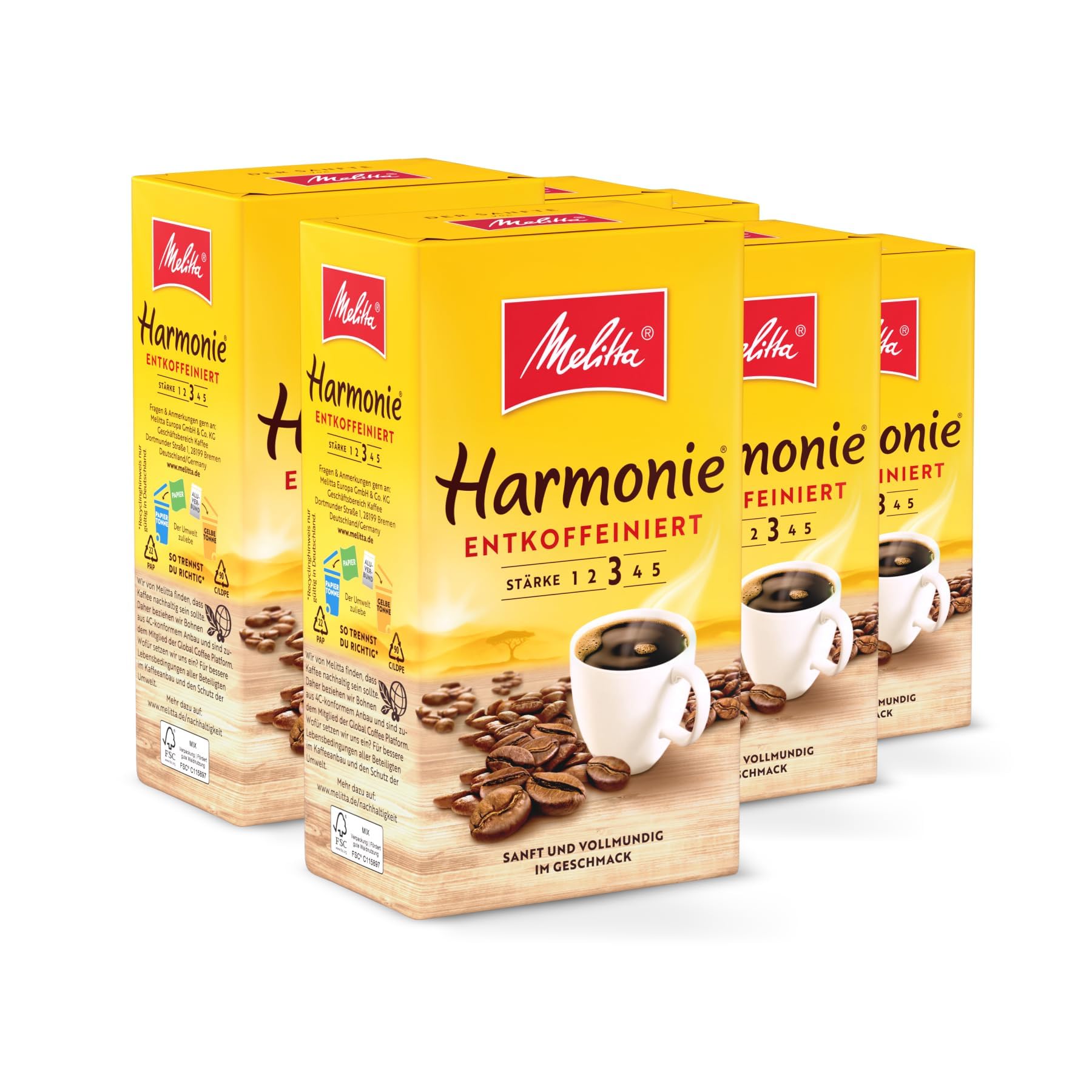 Melitta Harmonie kawa filtrowana 6 x 500 g, mielona, proszek do ekspresów do kawy, bezkofeinowy, łagodne palenie, palona w Niemczech, w tacy