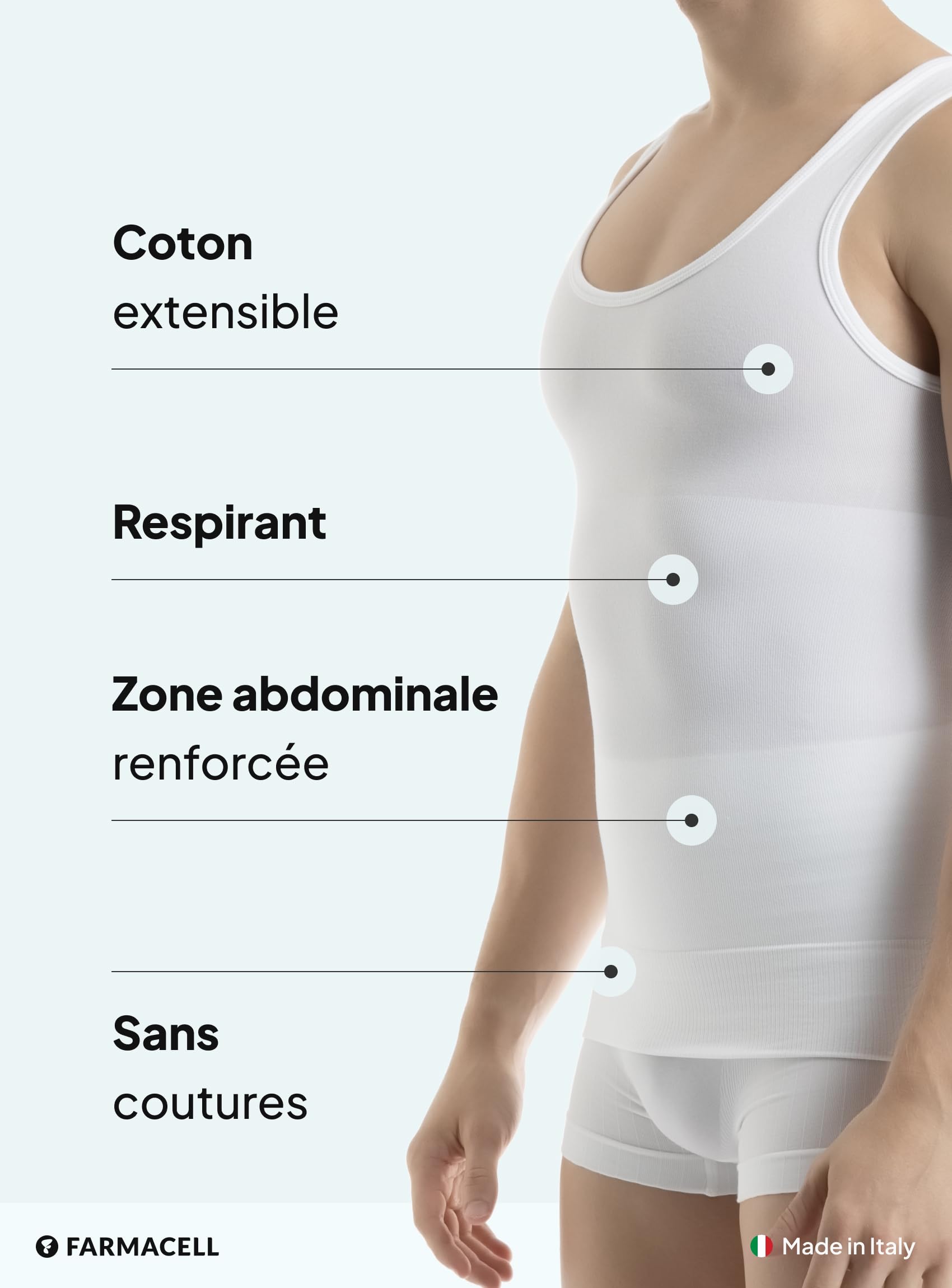 Farmacell Débardeur Homme Gainant Ventre Plat en Coton, Maintien Abdominal, Made in Italy, 417