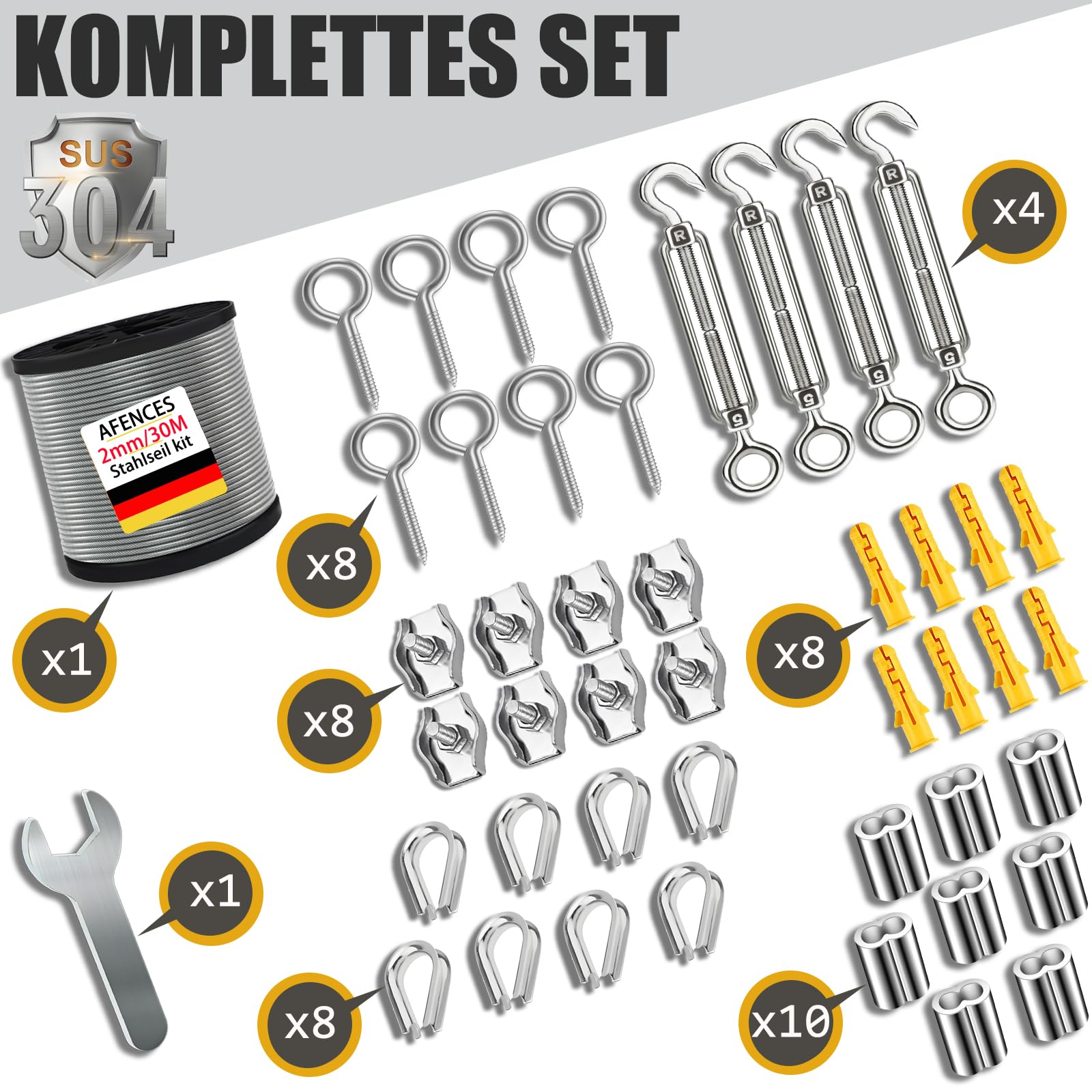 Câble en Acier Inoxydable 304 2mm x 30m avec Revêtement PVC - Tendeur M5 et Crochet Œil - Pour Linge, Plantes Grimpantes, Balcon, Luminaires Suspendus