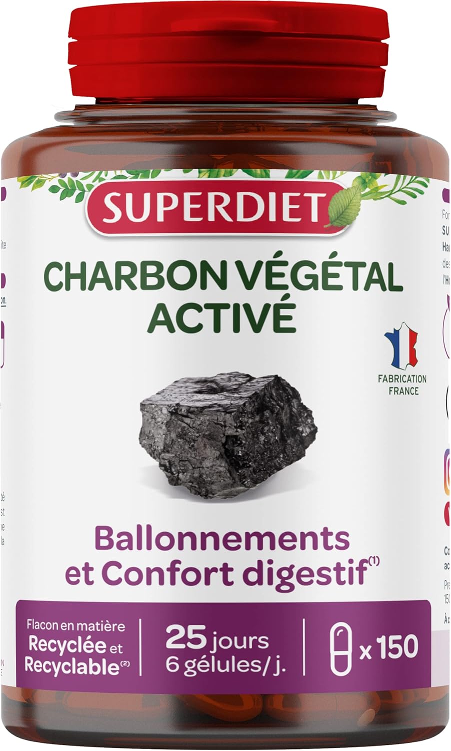 SuperDiet Activated Vegetable Charcoal 150 capsules