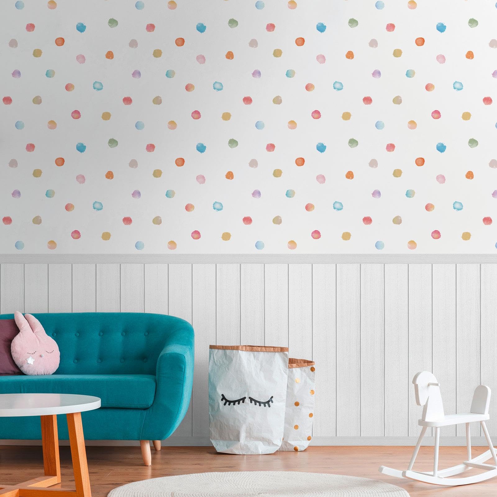 Papel pintado de vinilo 2 en 1 con puntos de acuarela y listones de madera, papel pintado de listones de madera texturizados, papel pintado moderno para niños, niñas, niños, dormitorio, sala de