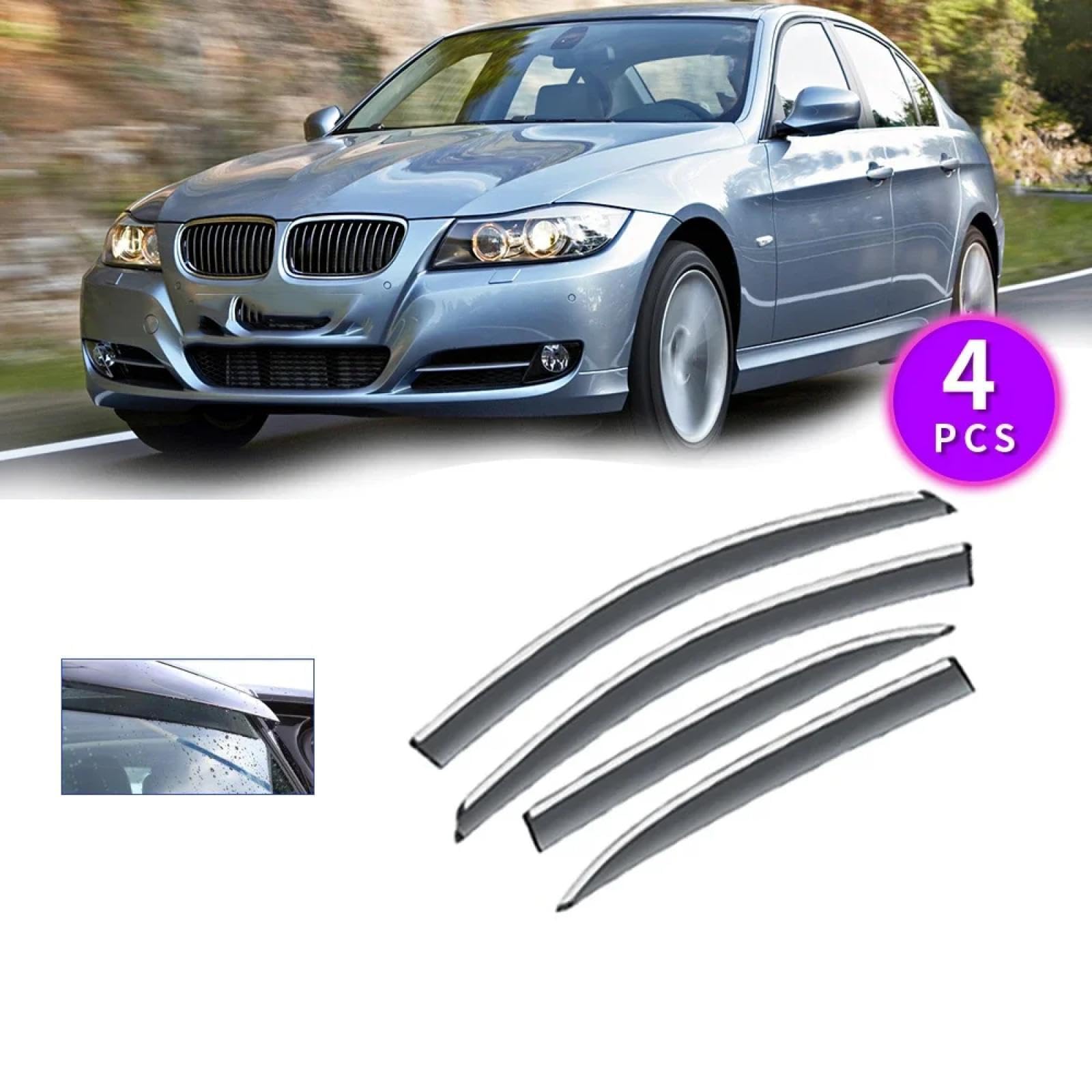 Rain Guard Window Visor Set For BMW E90 3 Series (2006-2011) - Dark Smoke Acrylic, 4-Piece, Improves Ventilation