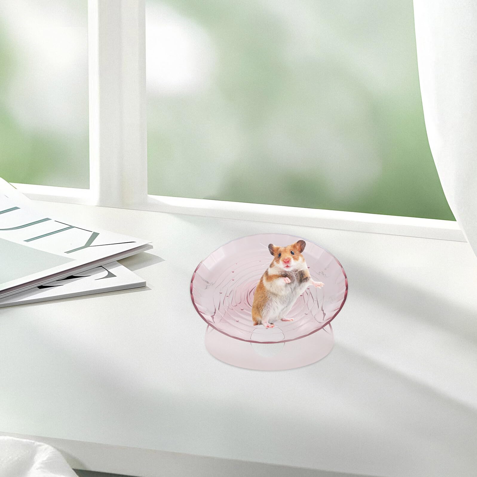 Ruedas de Ejercicio Silenciosas para Hámster con Base, Plástico Resistente, Rueda Plana con Casa Refugio Integrada, Transparente Azul y Rosa, Juego 3 Piezas para Mascotas
