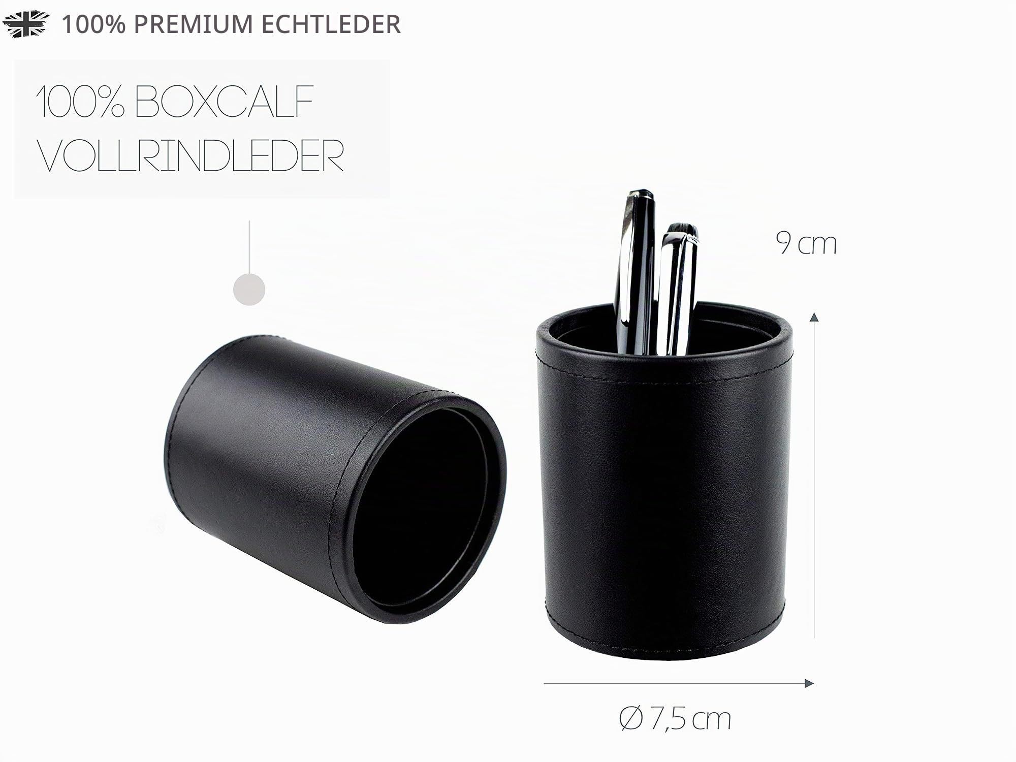 DELMON VARONE - Stifteköcher aus Premium Boxcalf Leder schwarz, Echtleder Stiftebecher mit PU Innenverkleidung und rutschfester Vliesunterseite, Eleganter Stiftehalter rund für Schreibtisch und Büro
