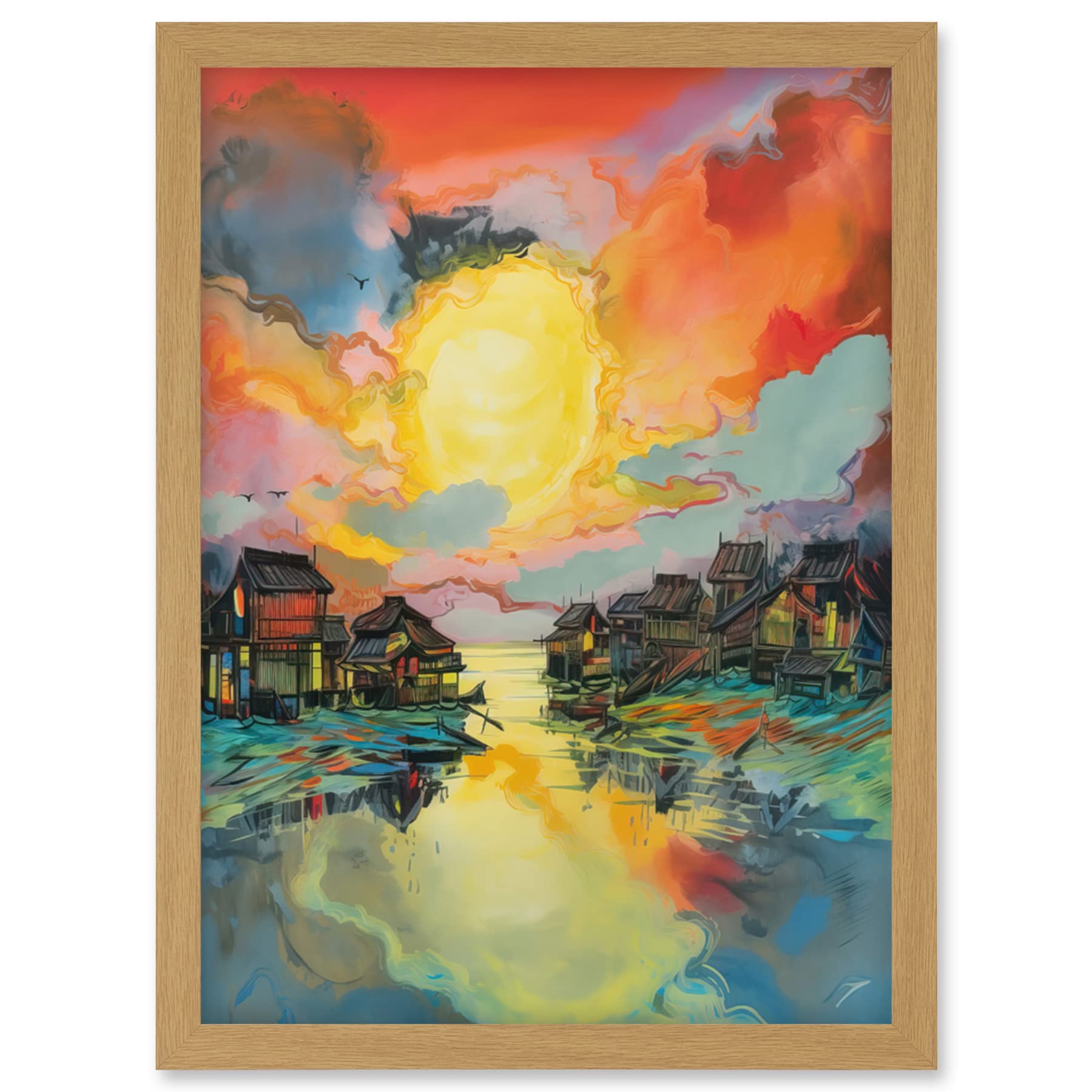 Artery8 Atmospheric Clouds Over Mono Lake Fishing Village at Dawn Modern Watercolour Painting Artwork Framed Wall Art Print A4