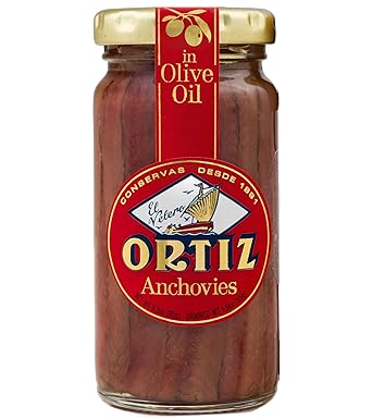 Ortiz Anchovies in Extra Virgin Olive Oil, Firm Buttery Fillets with a Rich Umami Taste, Wild Caught in Spain, Great for Pizza, Pasta and Caeser Salad, 3.3oz Glass Jar Pack of 1