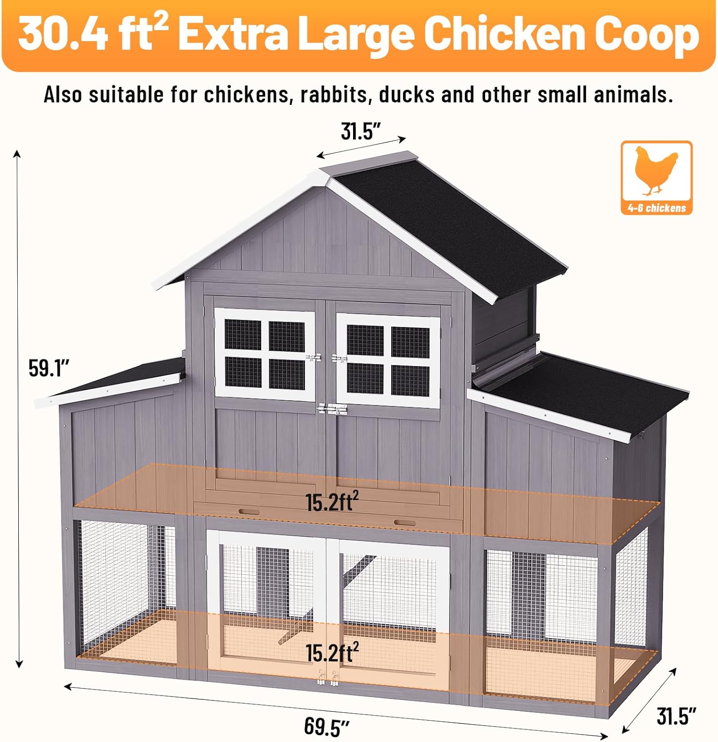 69.5''L Chicken Coop, Extra Large Poultry Cage for 6-10 Chickens, Outdoor Hen House Design with 2 Nesting Box, Weatherproof Roof and Leakproof Pull-on Tray, Easy to Install＆Clean(Gray)