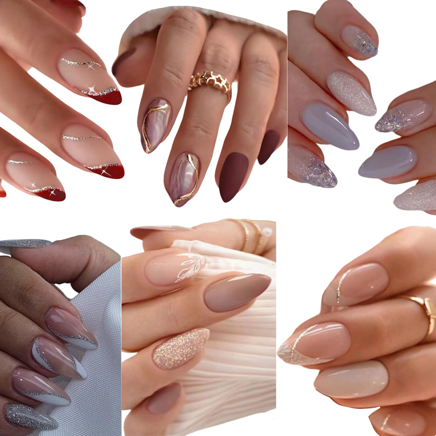 Photo 1 of 6 Packs (144 Pcs) French Tip Press on Nails Medium Almond Fake Nails with Glitter Design Full Cover False Nails Press ons Glossy Reusable Glue on Nails Artificial Stick Kit on Nails for Women