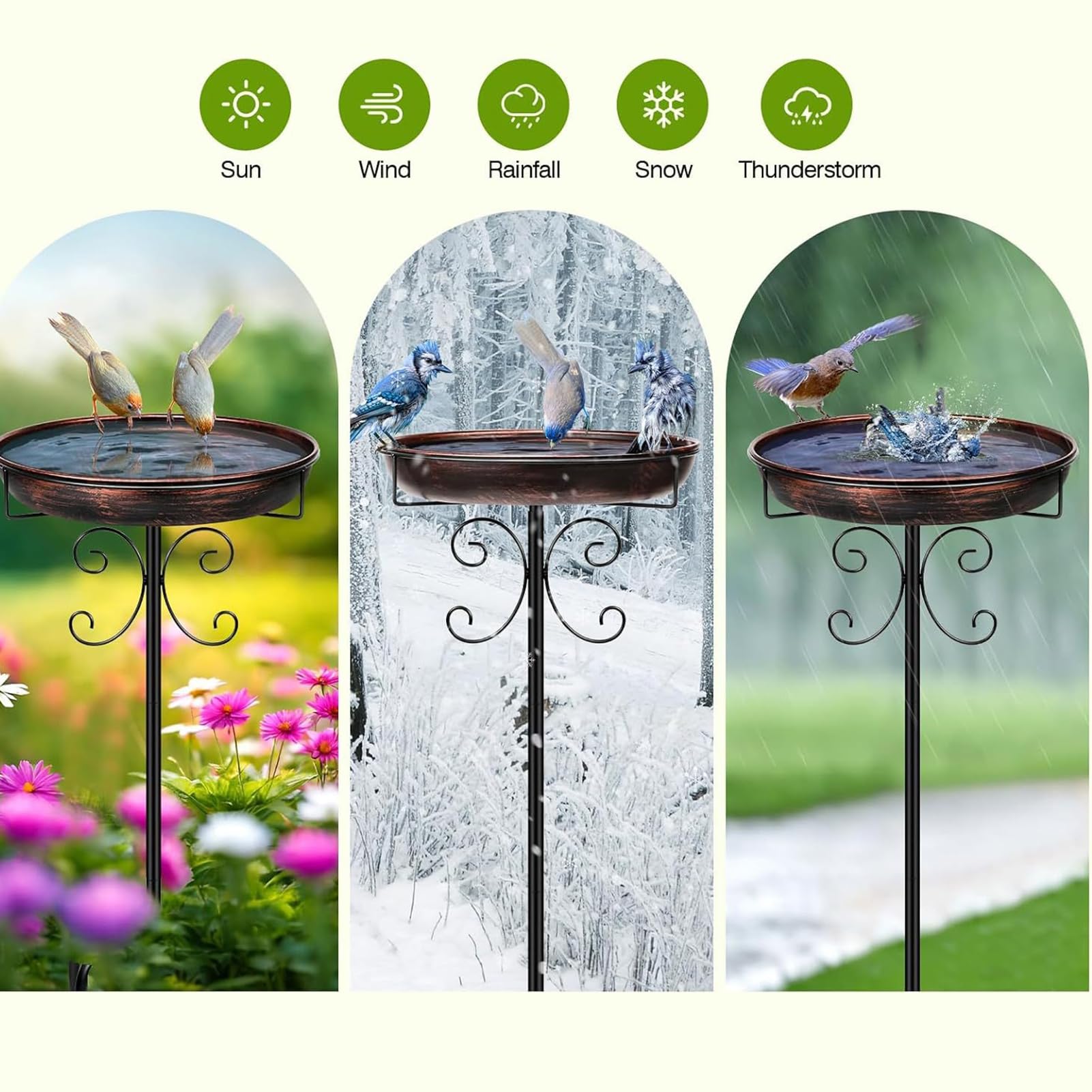 Bain d'oiseaux en métal rétro facile à nettoyer avec piquet antirouille pour jardin, terrasse, cour