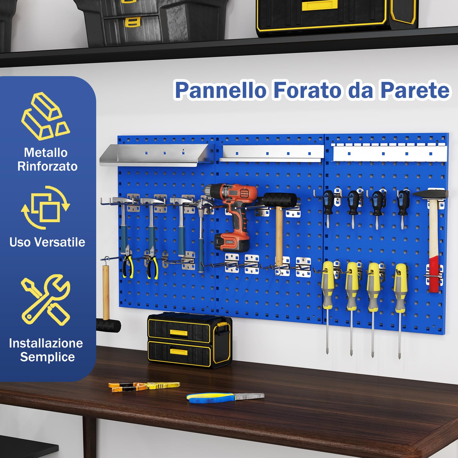 COSTWAY Kit 3 Pannelli Porta Attrezzi da Parete 60 x 40 cm, Pannello Forato Portaoggetti con 24 Ganci e Supporti, Pannello Portautensili per Officina e Garage (Blu)