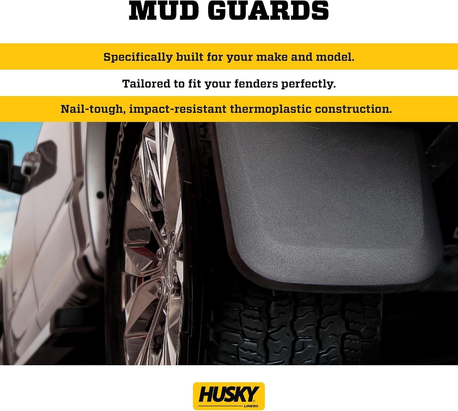 Husky 58046 Front & Rear Custom Mud Guards | Fits 2019-2024 Ram 2500, Ram 3500 (Without Fender Flares & Excludes Dually, Front & Rear - Black, 4 Pc | 58046