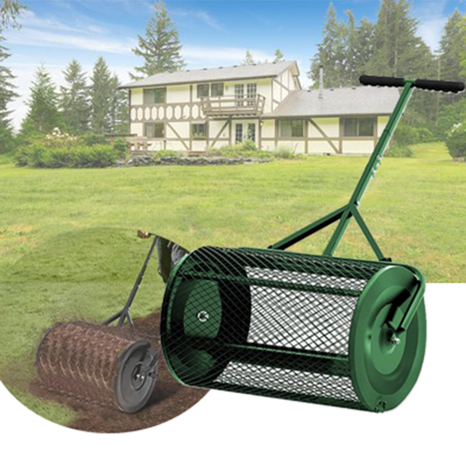 Spandiconcime per Compost e Fertilizzante, spandiconcime in Metallo per Prato e Giardino, Rullo in Rete Metallica Resistente e Maniglia Regolabile a Forma di T, Verde, 30 cm