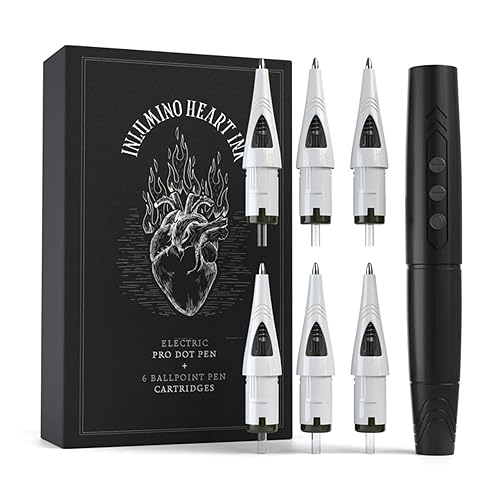 Tattoo Practice Pen by Inlumino Heart Ink – Wireless Rotary Dot Pen Machine with 6 Black Ballpoint Cartridges – Electric Tattoo Training Tool with 2 Batteries & Magnetic Carry Case
