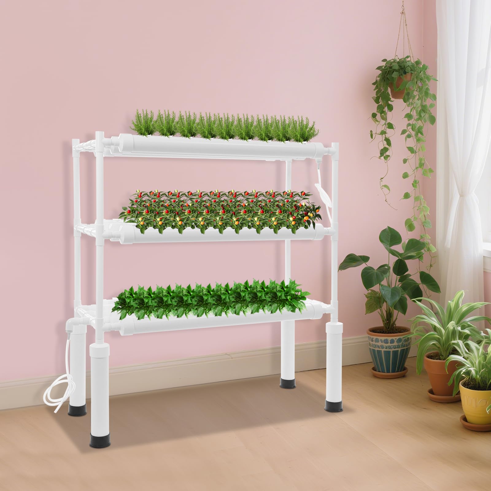 Système de culture hydroponique 108 emplacements pour plantes, kit de culture hydroponique à 3 étages avec pompe à eau et minuterie d'irrigation, étagère verticale en PVC pour légumes, herbes et