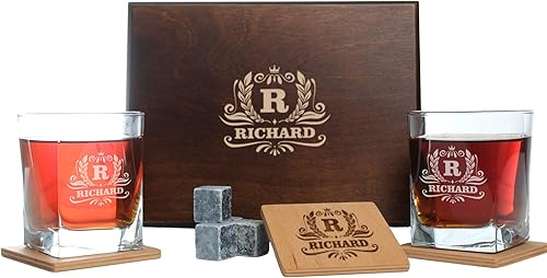 Juego de regalo de vasos de whisky personalizados con caja de madera grabada y piedras de whisky - Cristalería de whisky personalizada para hombres