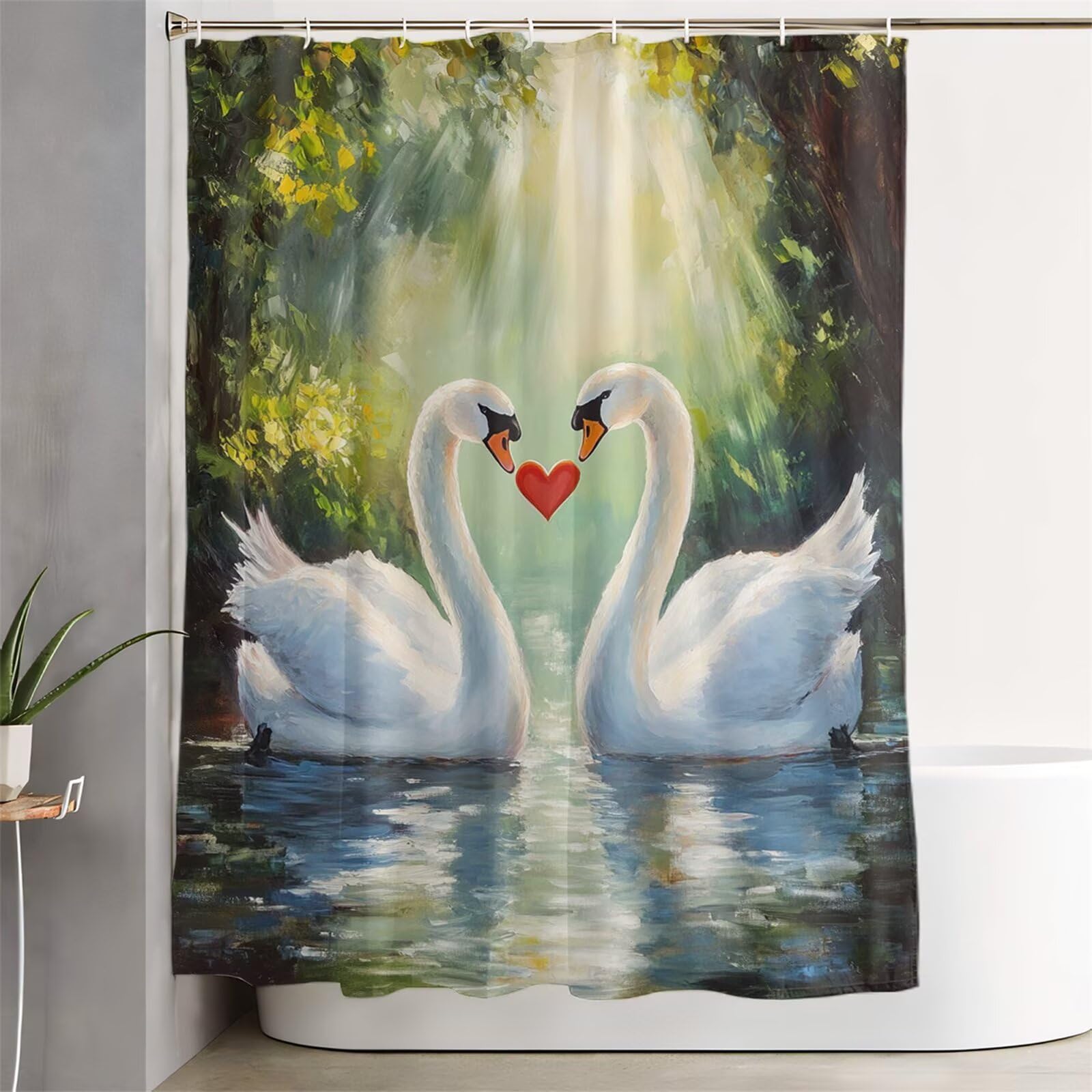 Zasłona prysznicowa łabędź Walentynki 200x240 cm z obciążonym obszyciem i haczykami, zmywalna - wodoodporna - odporna na pleśń - szybkoschnąca zasłona prysznicowa do łazienki 3Y-251