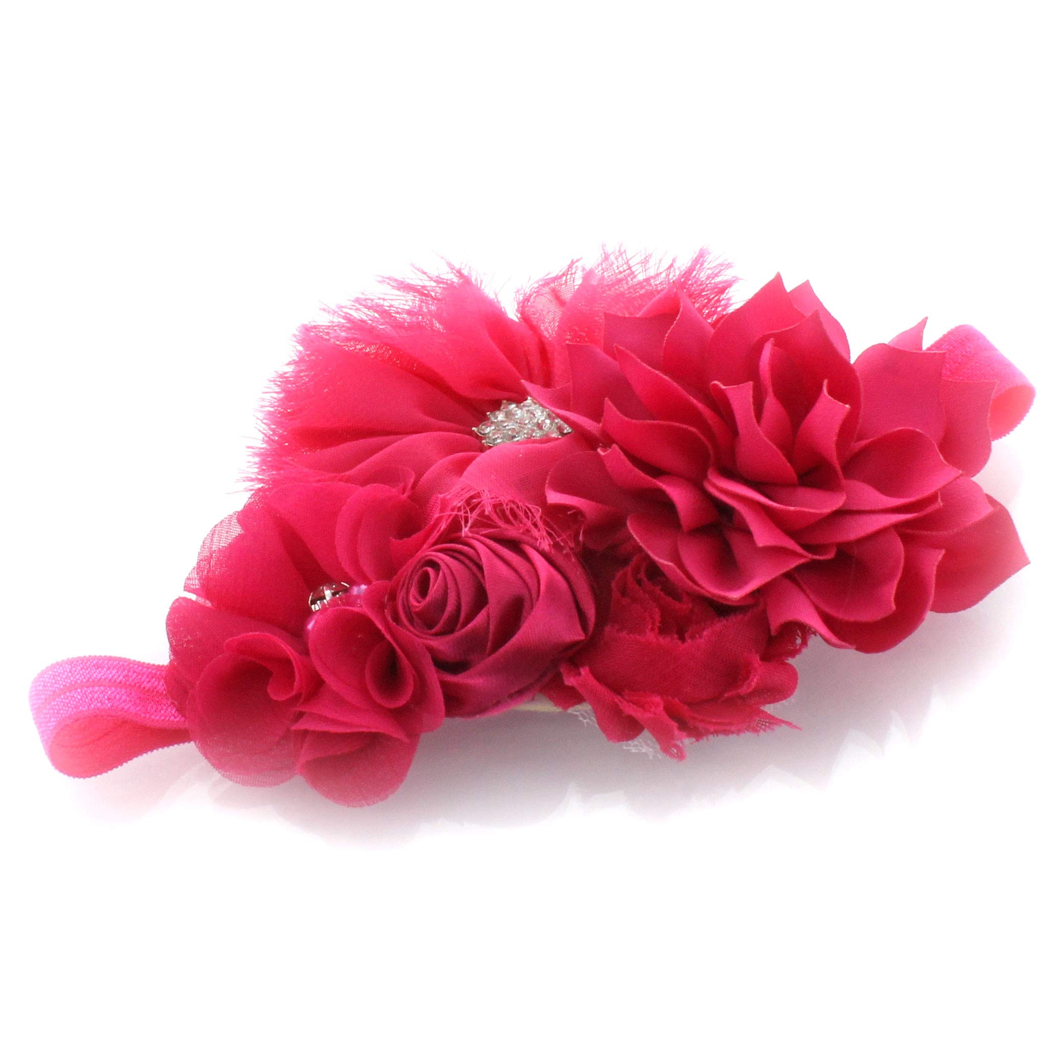 My Lello Headband Shabby Fabric Flower Cluster Baby - Infant - Toddler - Girl Stretchy Elastic Hot Pink