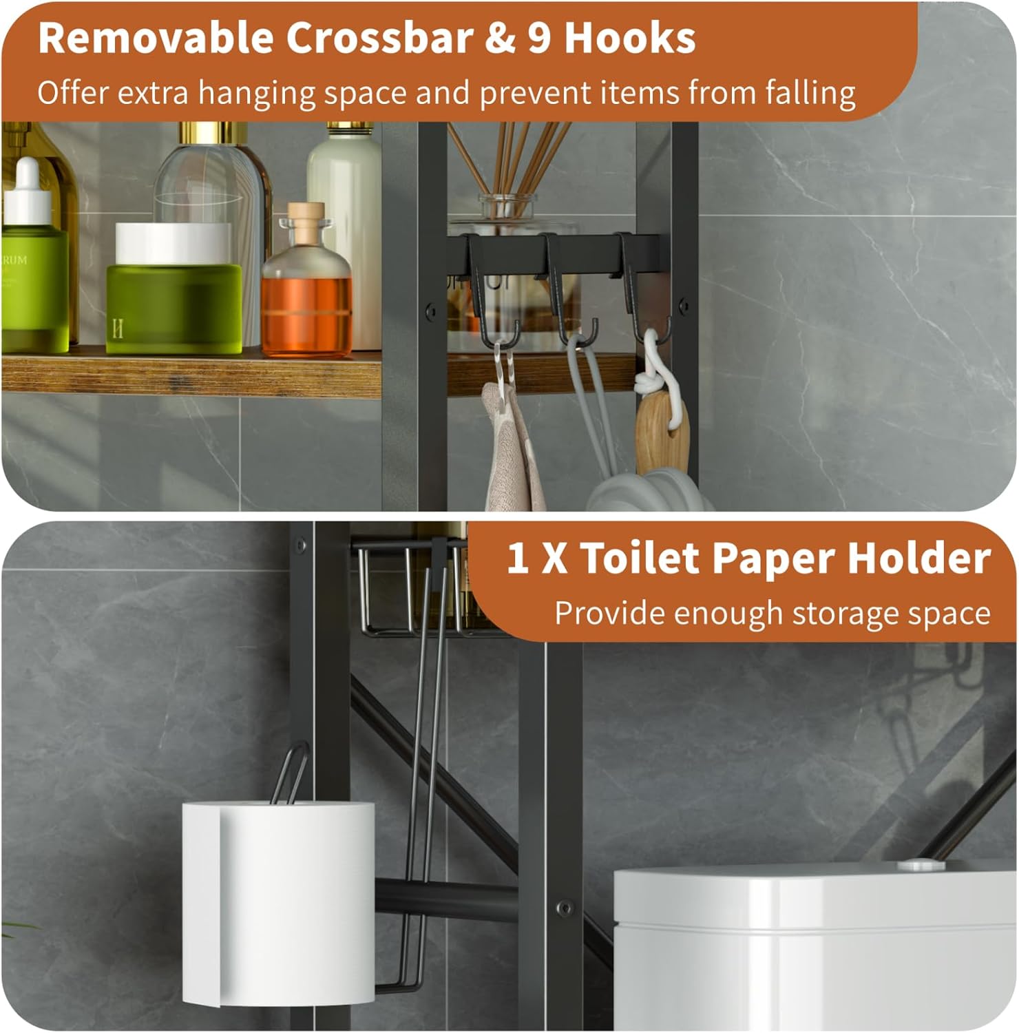 Over-The-Toilet Storage,4 Tiers Bathroom Organizers and Storage with Toilet Paper Holder and 9 Hooks,Toilet Rack for Shelves Cabinet Organizer,Rustic Brown