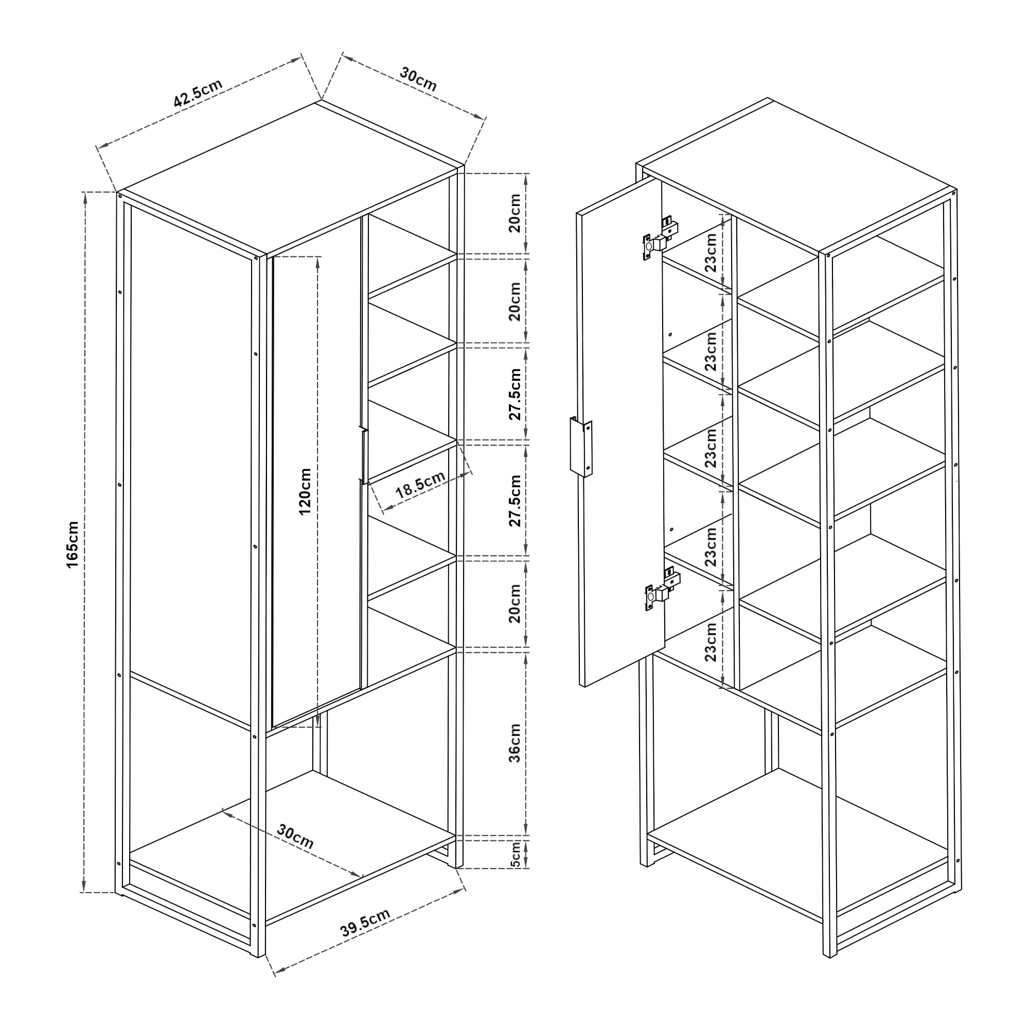[en.casa] Mobile a Colonna per Bagno Armadio Alto Stretto con Anta e Ripiani Arredo Bagno 165 x 42,5 x 30 cm Nero/effetto Legno Intarsiato color Noce