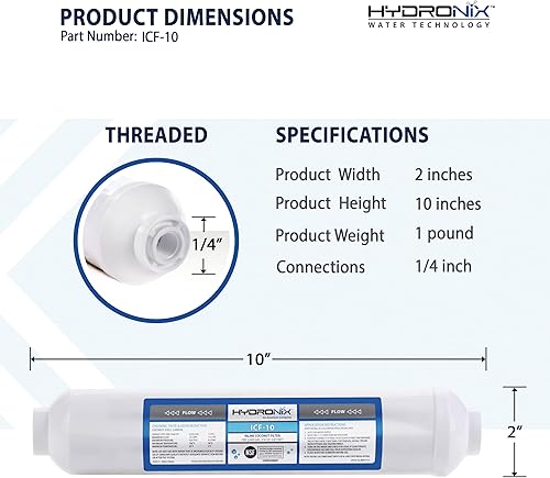 Miniatura 2 de Hydronix ICF-10 Cartucho de repuesto de filtro de agua de carbón posactivado en línea con NPT de 14 pulgadas para refrigerador, máquina de hielo,
