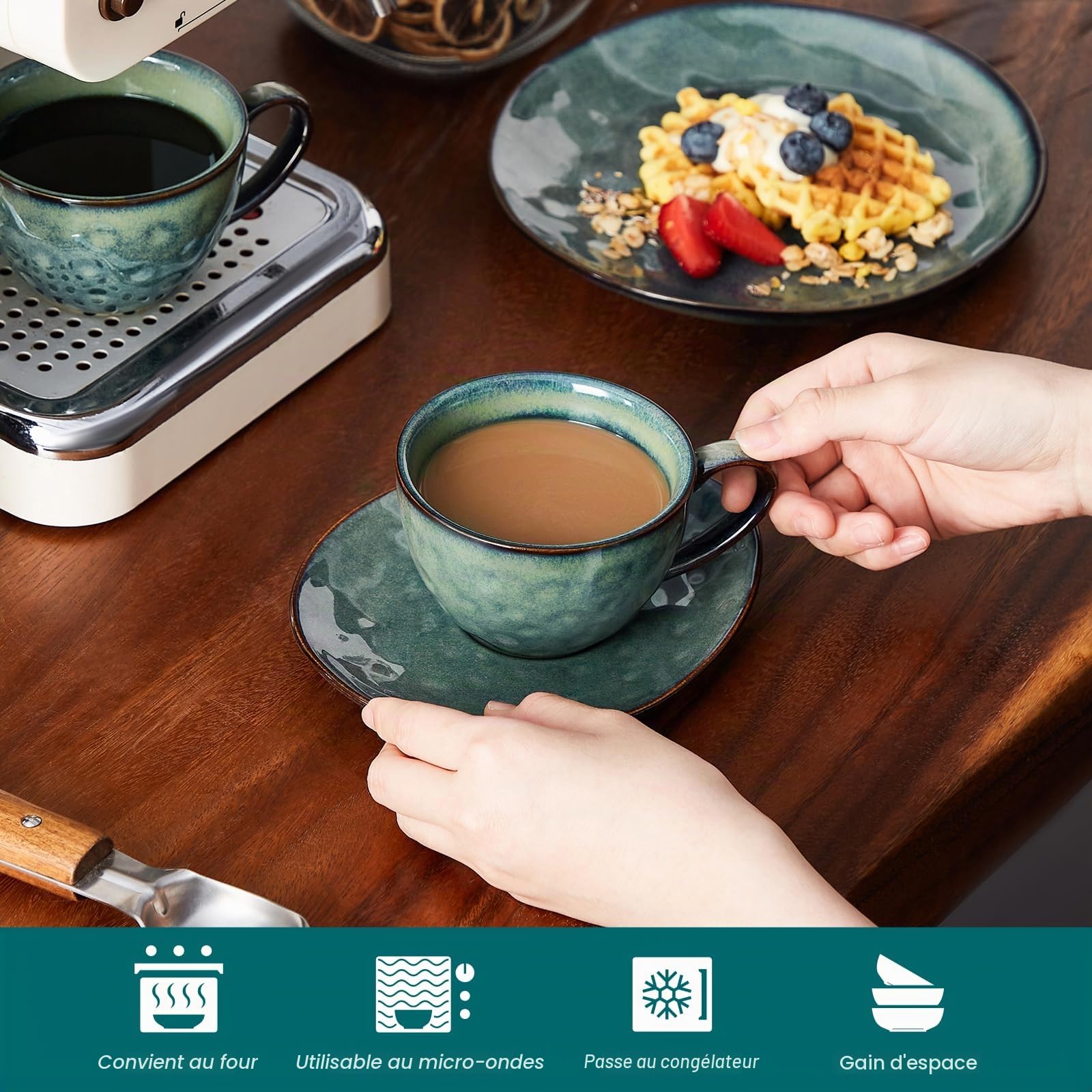 vancasso Ensemble tasse et soucoupe étoilés avec assiettes à dessert de 21,6 cm, service à thé en céramique pour 4 personnes, tasse à café de 270 ml pour expresso, cappuccino et toutes sortes de