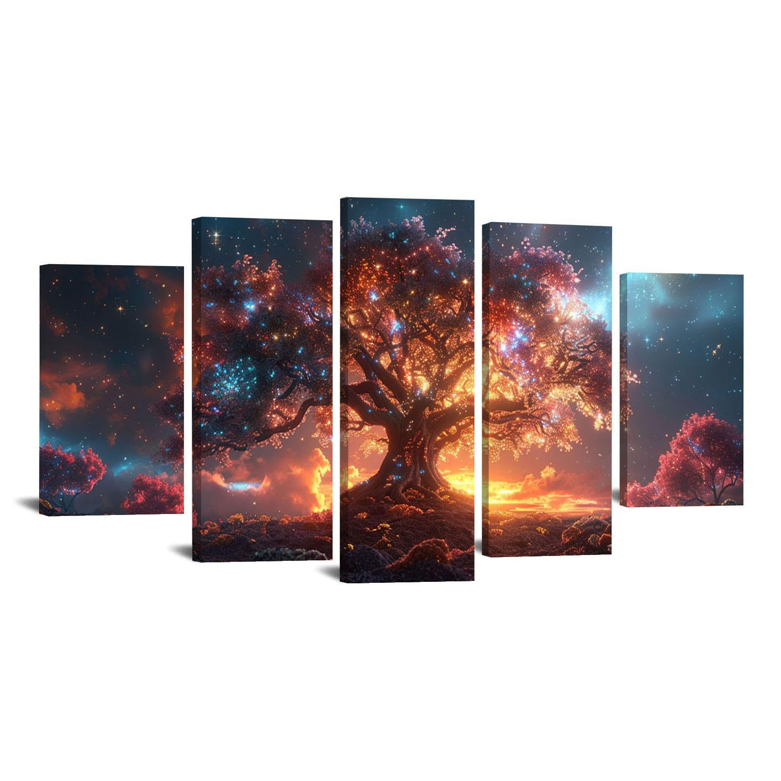 JOSUE Set de 5 áRbol De La Vida Cuadros Árbol abstracto Cuadros Decoracion Dormitorios Lienzo,Oro, azul Cuadro Cartel Sala De Estar Cuarto De BañO Comedor Decorativos-60x125cm Enmarcado