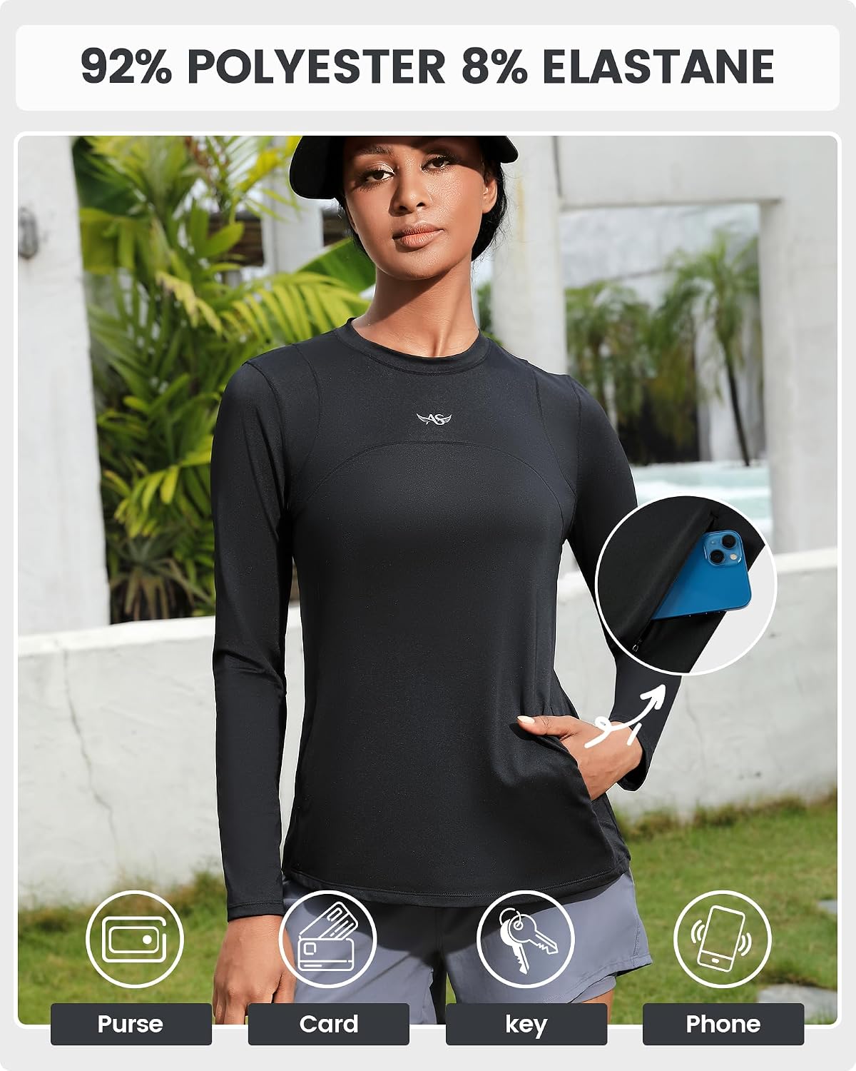 Angel season Long Sleeve Rash Guard for Women with Pockets Swim Shirt Stretch Hiking Fishing Running Yoga Top, Black M