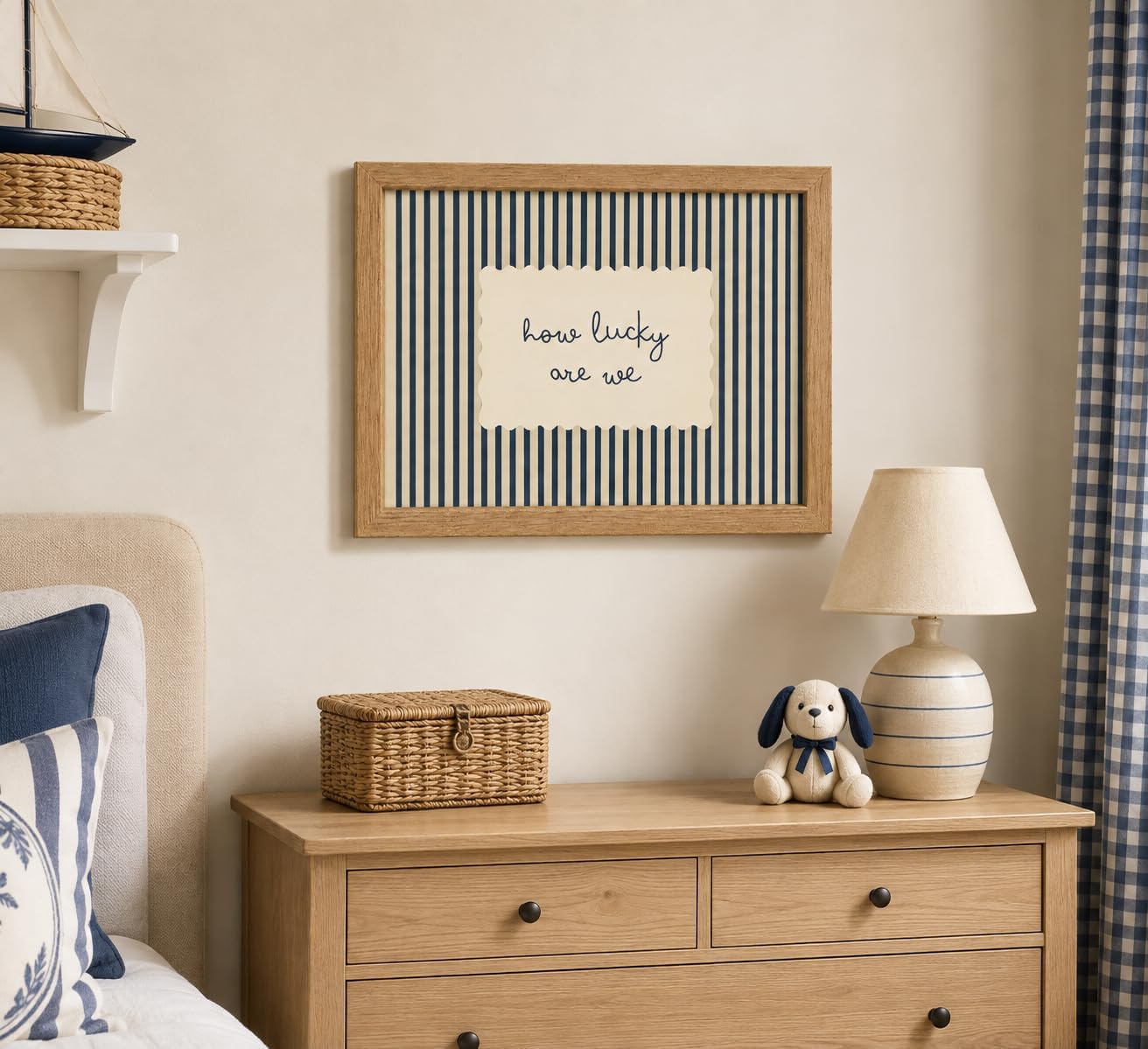 Framed How Lucky Are We Quote Canvas Wall Art,Striped Background Painting,Neutral Tone Print Wall Decor,Minimalist Affirmation Picture Poster,Cute Typography Artwork for Home Decoration