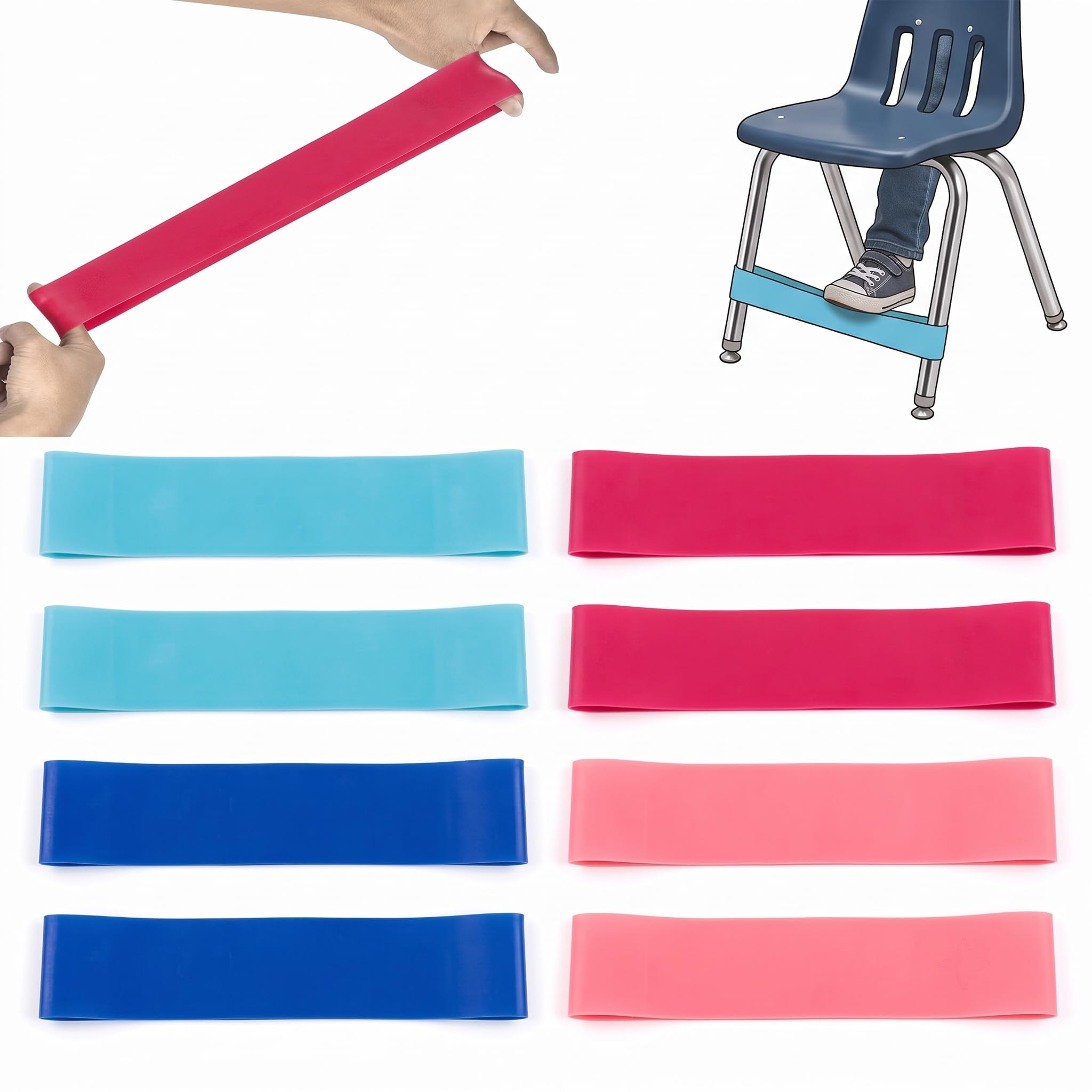 8 Pièces Bande Élastique pour Pieds de Bureau - 4 Couleurs Sangles Flexibles pour Sièges, Bandes Élastiques pour Chaises pour Enfants, Bandes Sensorielles pour Chaises, Les Sensoriels Fidget