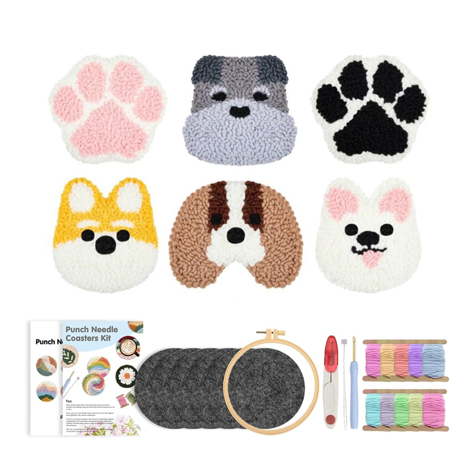 1set Punch Needle Embroidery Kit DIY Stitching Coasters Needlecraft Dog Pattern Tufted Rug Pads With Felt Yarns For Beginners for DIY(Color5)