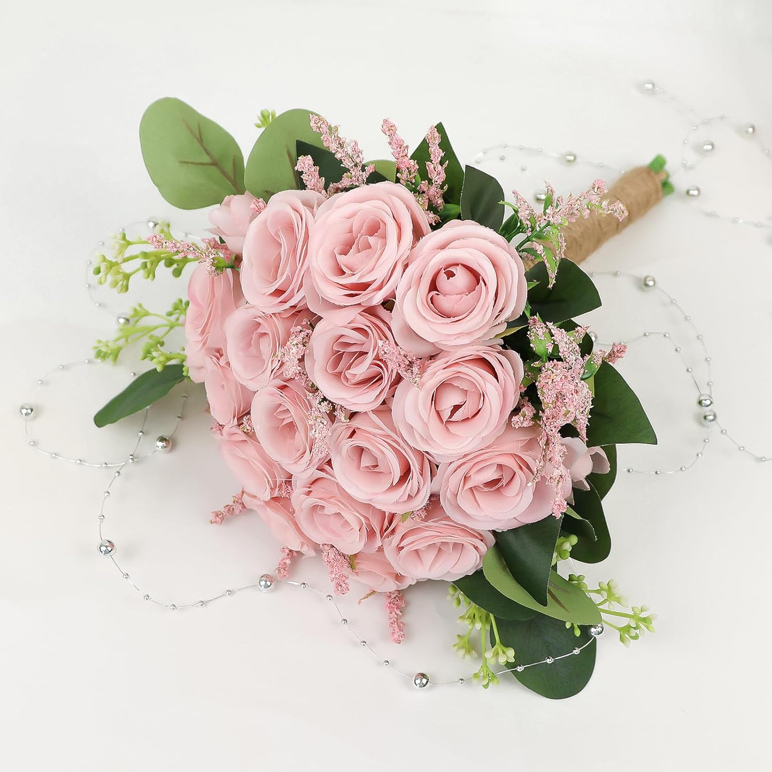 Wedding Bouquet for Bridesmaid- Hand Holding Flower Bouquet 7 Inch Artificial Flower Bouquet for Bride Party Ceremony Anniversary Decor - Pink - Image 4