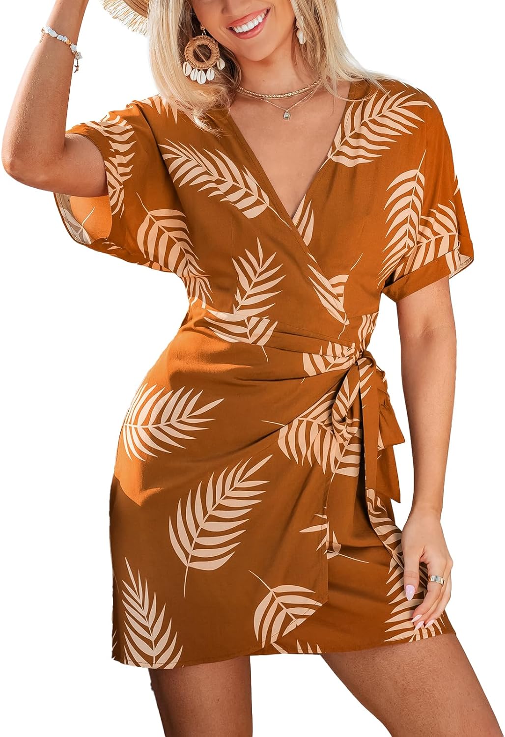 CUPSHE Women Swimsuit Cover Ups Short Sleeve Wrap Tie Front V Neck Vacation Beach Coverup Mini Dress