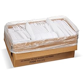 1,000 Plastic Disposable Cutlery Bulk Variety Pack White Medium Weight Includes 334 forks, 333 knives, 333 soup spoons, Disposable Silverware Plastic Cutlery