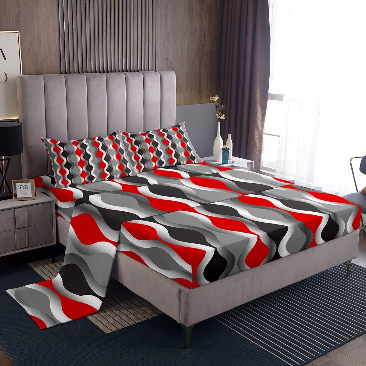 Photo 1 of Red Black Grey Sheet Set Retro Geometric Bed Sheet Set Mid Century Modern Decor Bed Sheets for Kids Boys Girls Teens Abstract Stripe Sheets Room Decor Bedroom Collection Full Size 4Pcs Multi 28 Full