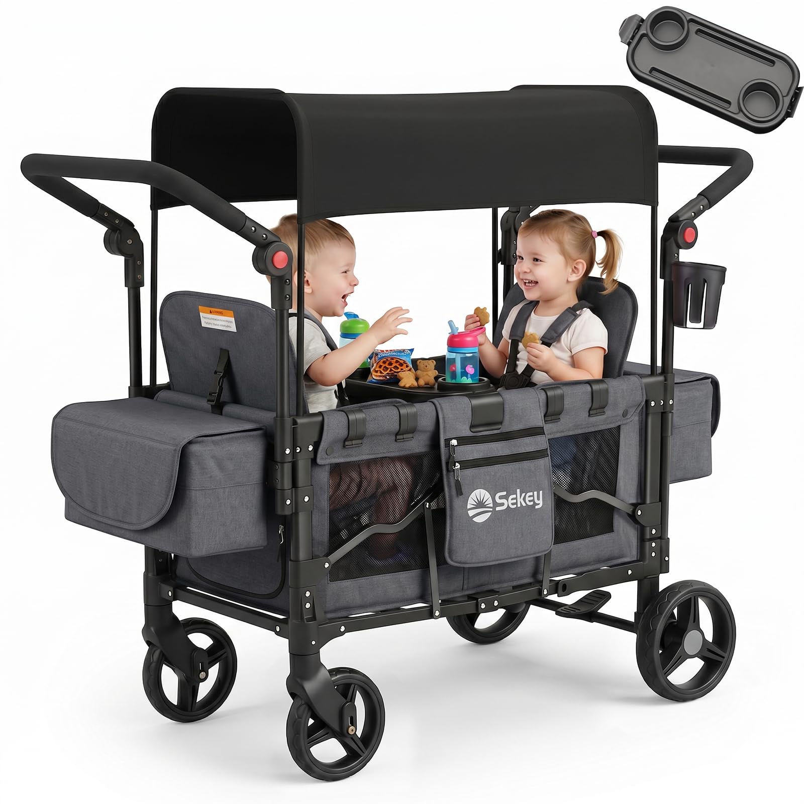 Sekey Carrello pieghevole per bambini, modalità gemelli, con tendina da sole per 2 bambini, maniglia a spinta duo, passeggino doppio con 2 sistemi di imbracatura a 5 punti integrati, Luxer 6060, Nero