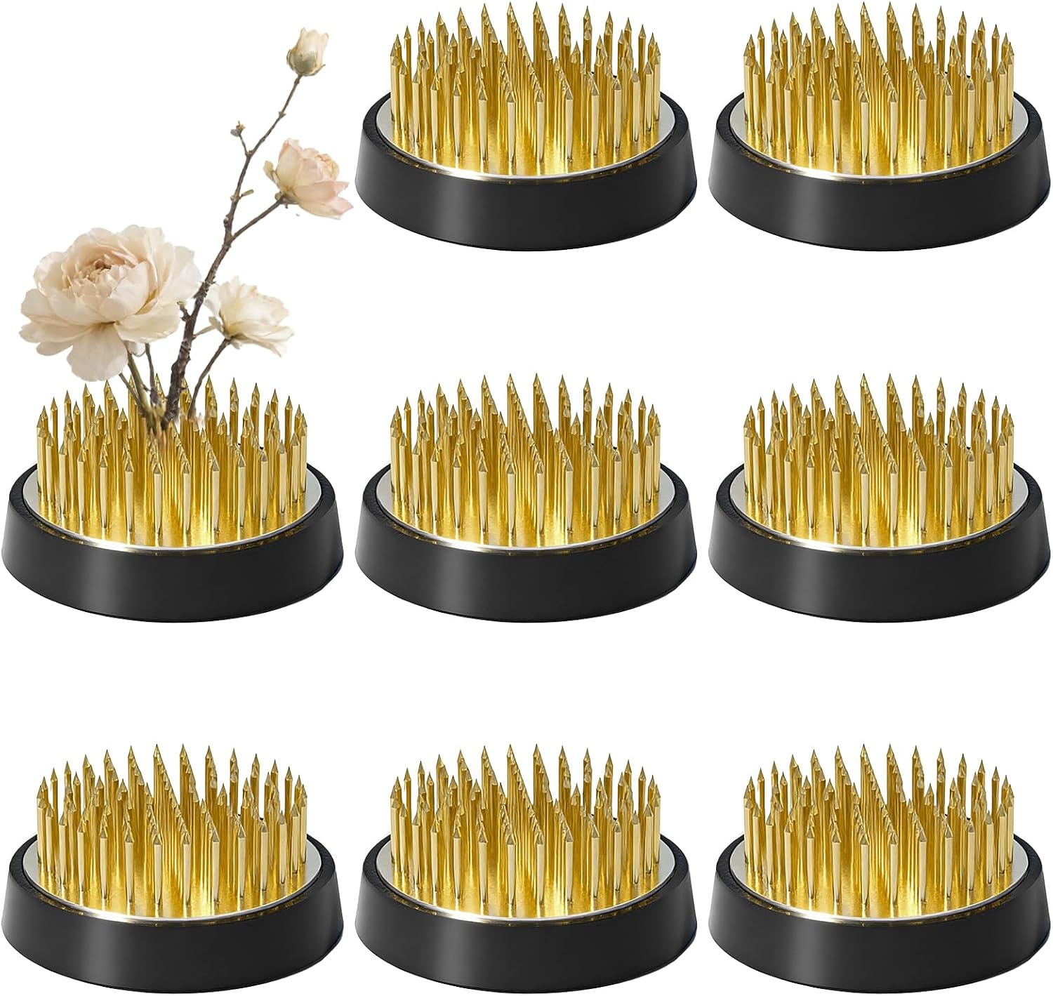 Brass Flower Holder, 8 Pieces, 1.57 Inch Round, Gold, Japanese Ikebana Vase Floral Arranger, Pin for Flower Arrangement, Home DIY Craft