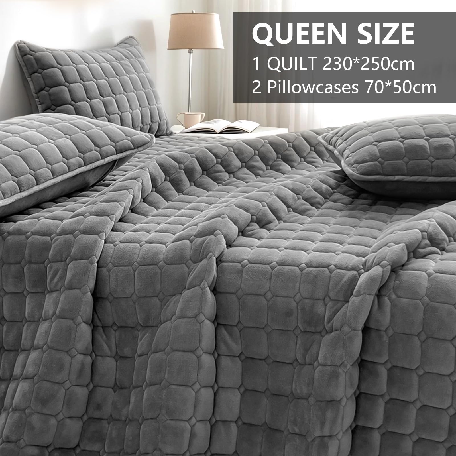 OKYUK Luxus-Samt-Bettwäsche-Set, Tagesdecke, Stepp-Bettwäsche-Set, Bettüberwurf oder Sofaüberwurf,mit 2 passenden Kissenbezügen, für alle Jahreszeiten（Dunkelgrau，230 * 250cm）