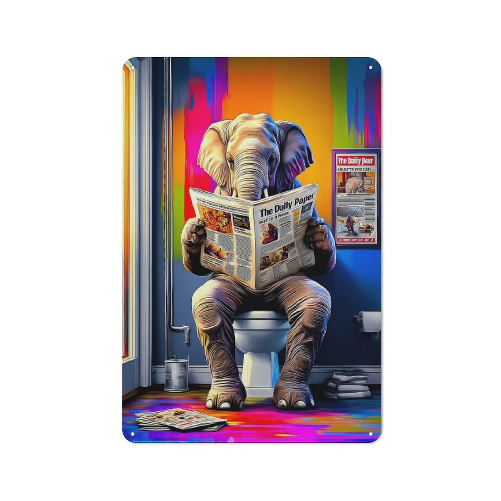 Elephant Reading Newspaper on Toilet -1 Retro Metal Plaque 30x20cm for Lounge Or Reading Corner, Suited to Lounge Decor Fans