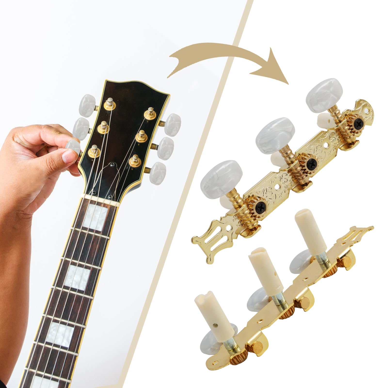 2 Pièces Mécaniques pour Guitares Classiques, Guitare Classique Tuning Pegs 3L+3R avec Boutons Blancs, Mécaniques d'Accordage de Remplacement pour Guitare Acoustique et électrique