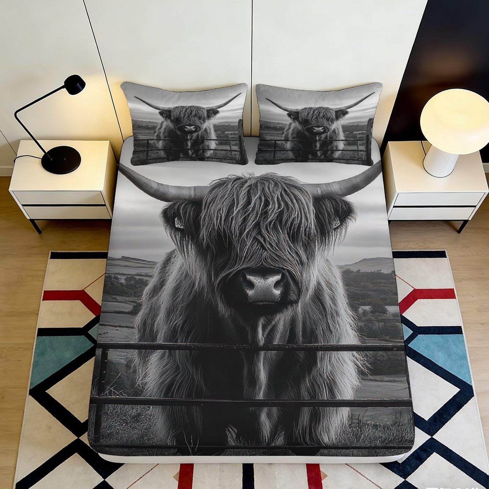 3D Printed Highland Cow Fitted Sheet Microfiber Soft Breathable Pasture Mattress Cover for Bedroom Dorm Decor 90x200x25cm