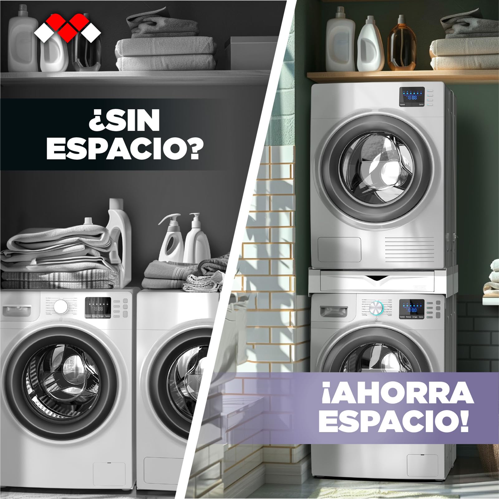 Meliconi Torre Duo, Kit Apilamiento Lavadora Secadora 2 en 1 | Premontado, con Estante de Apoyo y Compartimento de Almacenamiento, Cinta de Seguridad, Capacidad 250kg, Made in Italy, Negro
