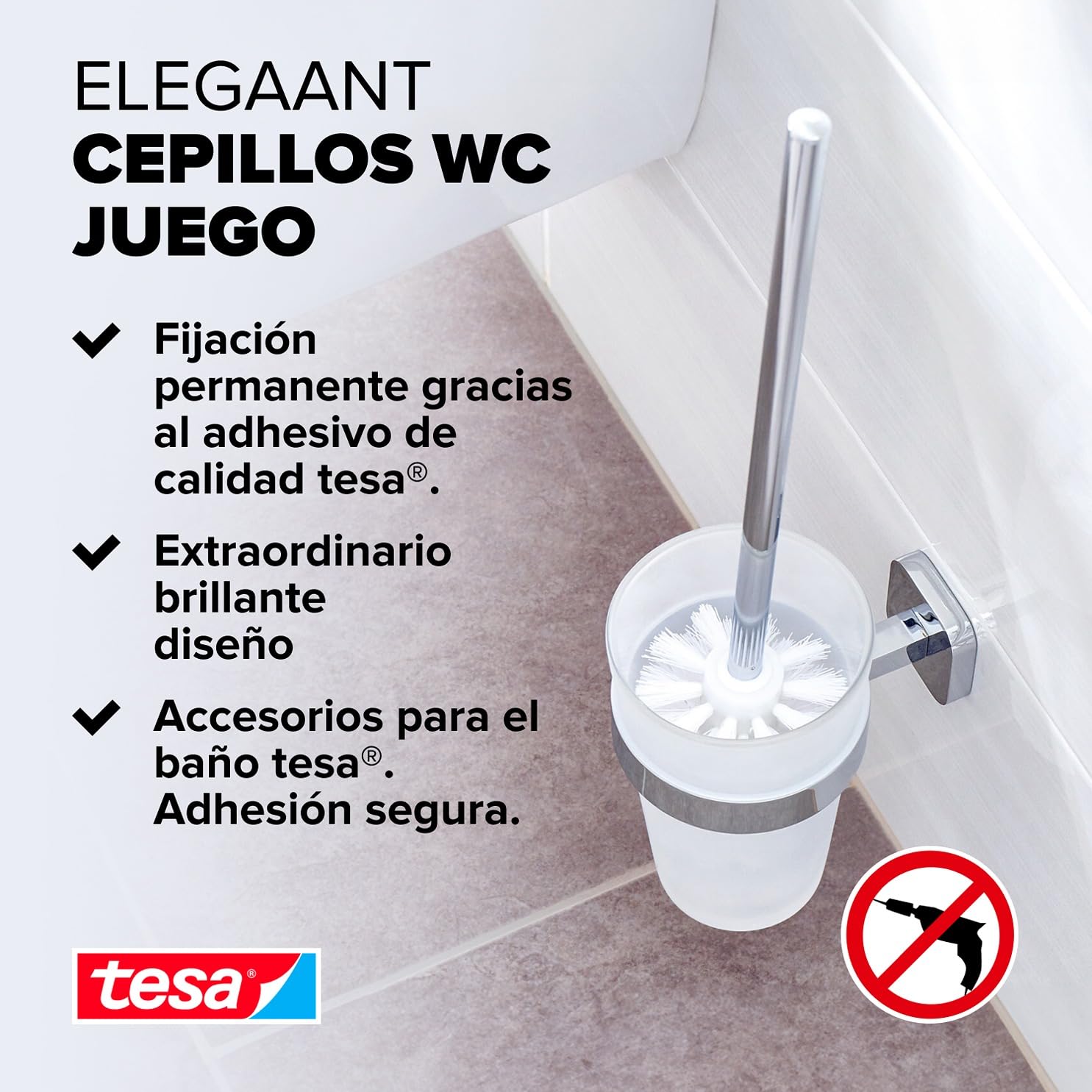 tesa Escobilla de baño Elegaant, autoadhesiva, metal cromado, extraordinario diseño