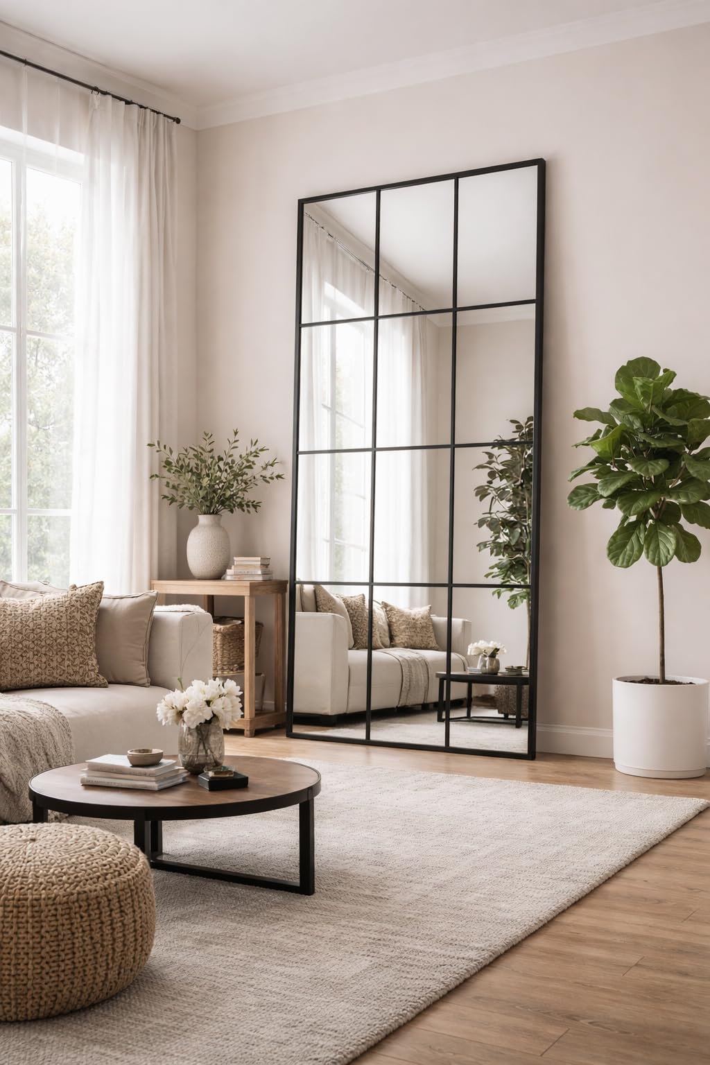 Espejo Rectangular Decorativo 63x175cm con Diseño de Cuadrícula | Espejo de Ventana con Marco Metálico Inclinado | para Entrada, Salón y Pasillo