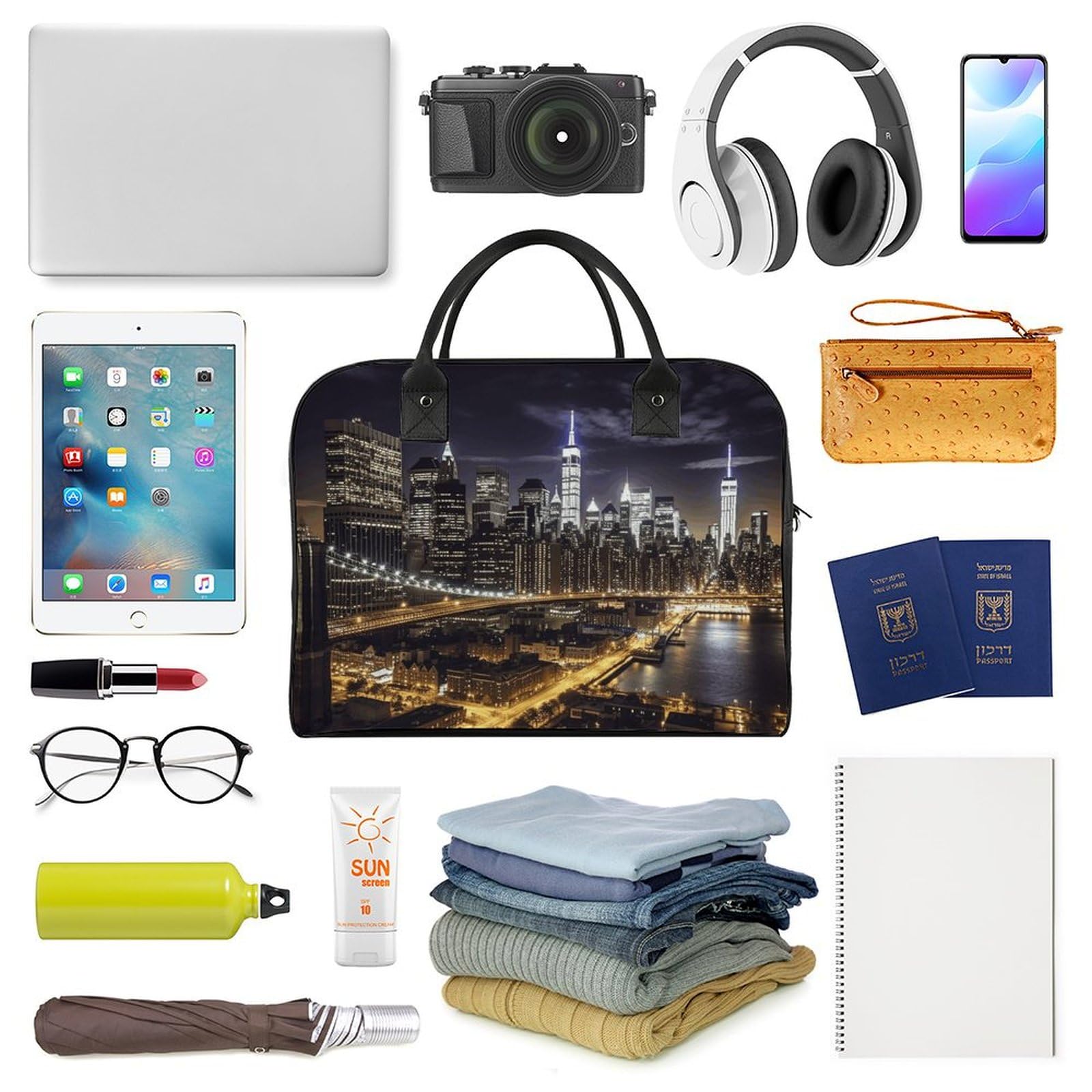 Multifunktionale Reisetasche, Motiv: Stadt bei Nacht, bedruckt, Reisetasche, Handgepäcktasche, Übernachtungstasche, Wochenendtasche, Schwarz, Einheitsgröße, Schwarz, Einheitsgröße