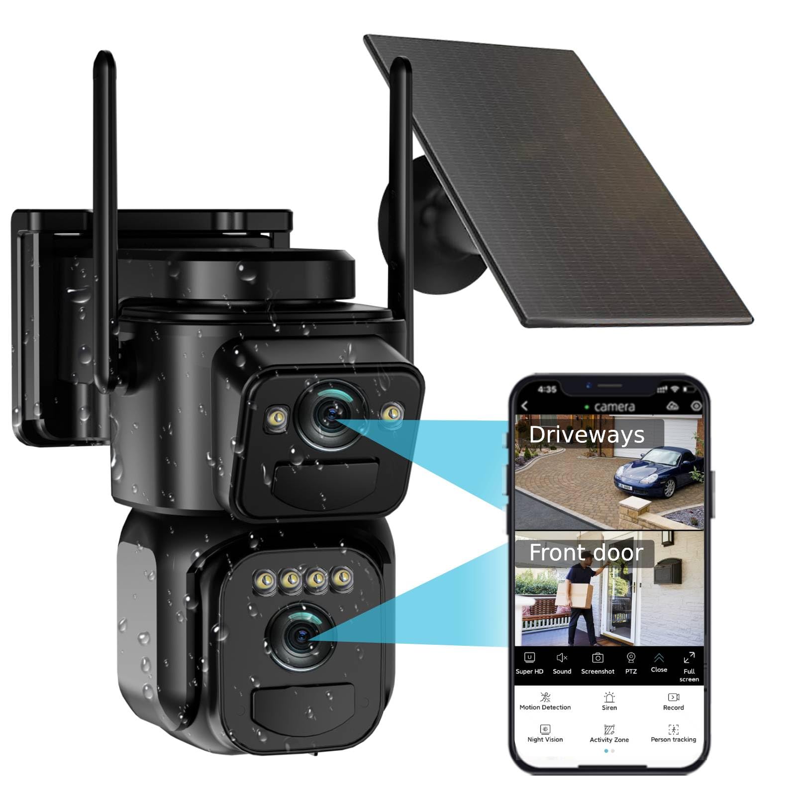 Uniter 4K Solar Security Cameras Wireless Outdoor, Panoramic & Tracking Dual Lens 2-in-1, 360° PTZ Camera Surveillance Exterieur with Color Night Vision, Spotlight Siren, 2-Way Audio, 5g/2.4g WiFi 6