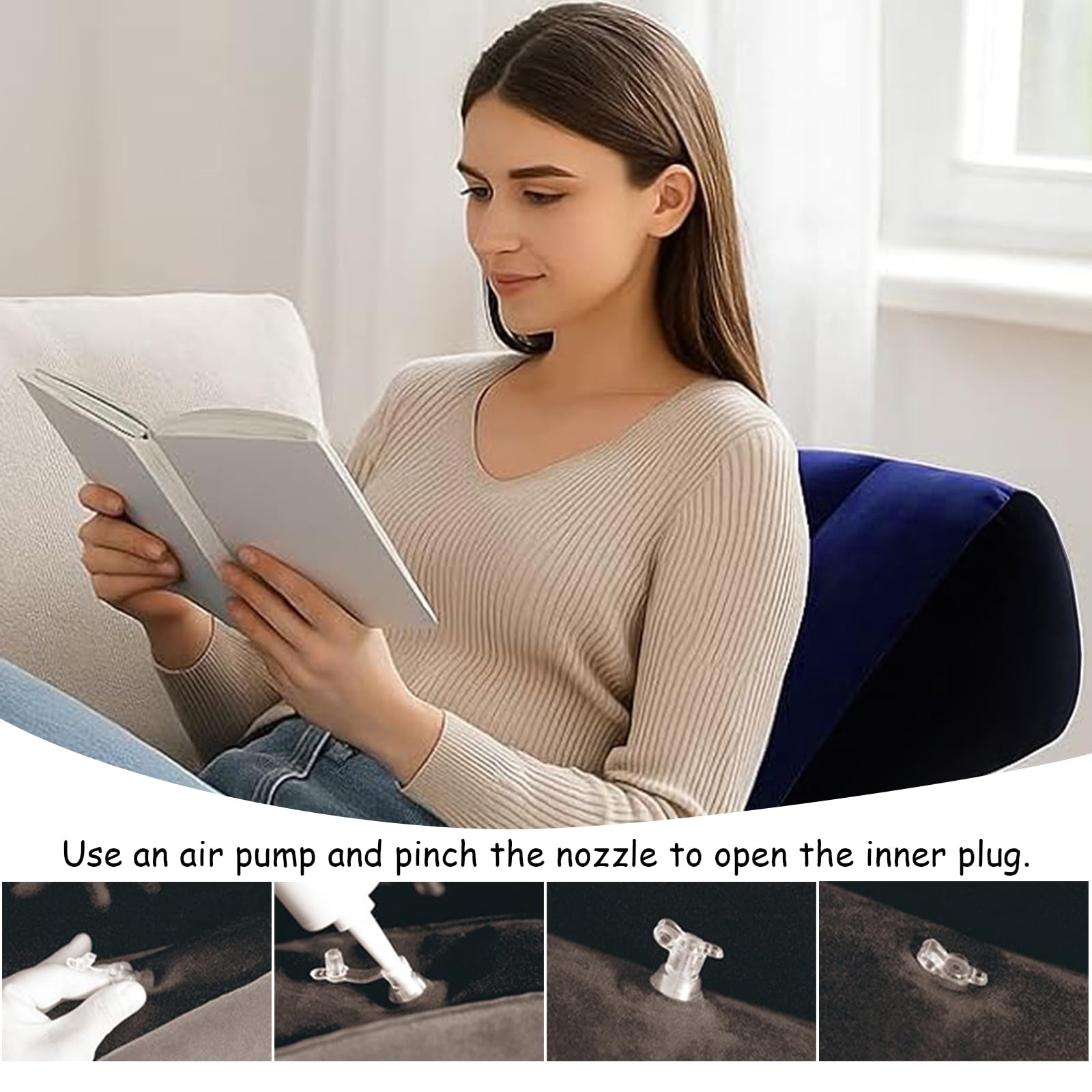 Cuscino Triangolare Viaggio Cuscino Gonfiabile Semplice Design Robusto Ideale per Sedersi e Sdraiarsi Posturale Ginocchia per Adulti Coppie Donne Incinte Viaggiatori Campeggiatori（Blu）
