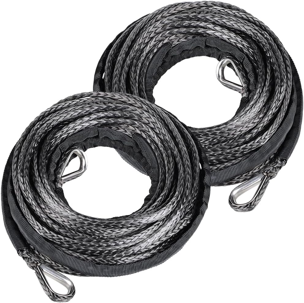Combo 2PCS Black 50ft x 1/4in 7500 lbs Synthetic Fiber Winch Rope Extension Line Cable with 39" Rock Guard, Both End Thimbles for Recovery Towing ATV UTV SUV 4x4 Snowplows Car Truck