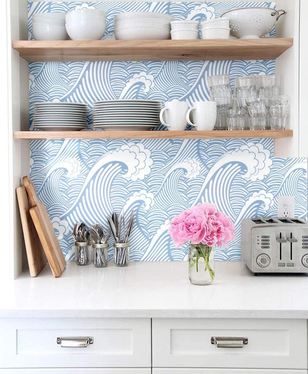 Birwall Peel and Stick Cute Blue Sea Water Waves Occean Waves Sea Spray Self Adehsive Wallpaper Wall Mural Contact Paper Wall Decor (17.7"x394")