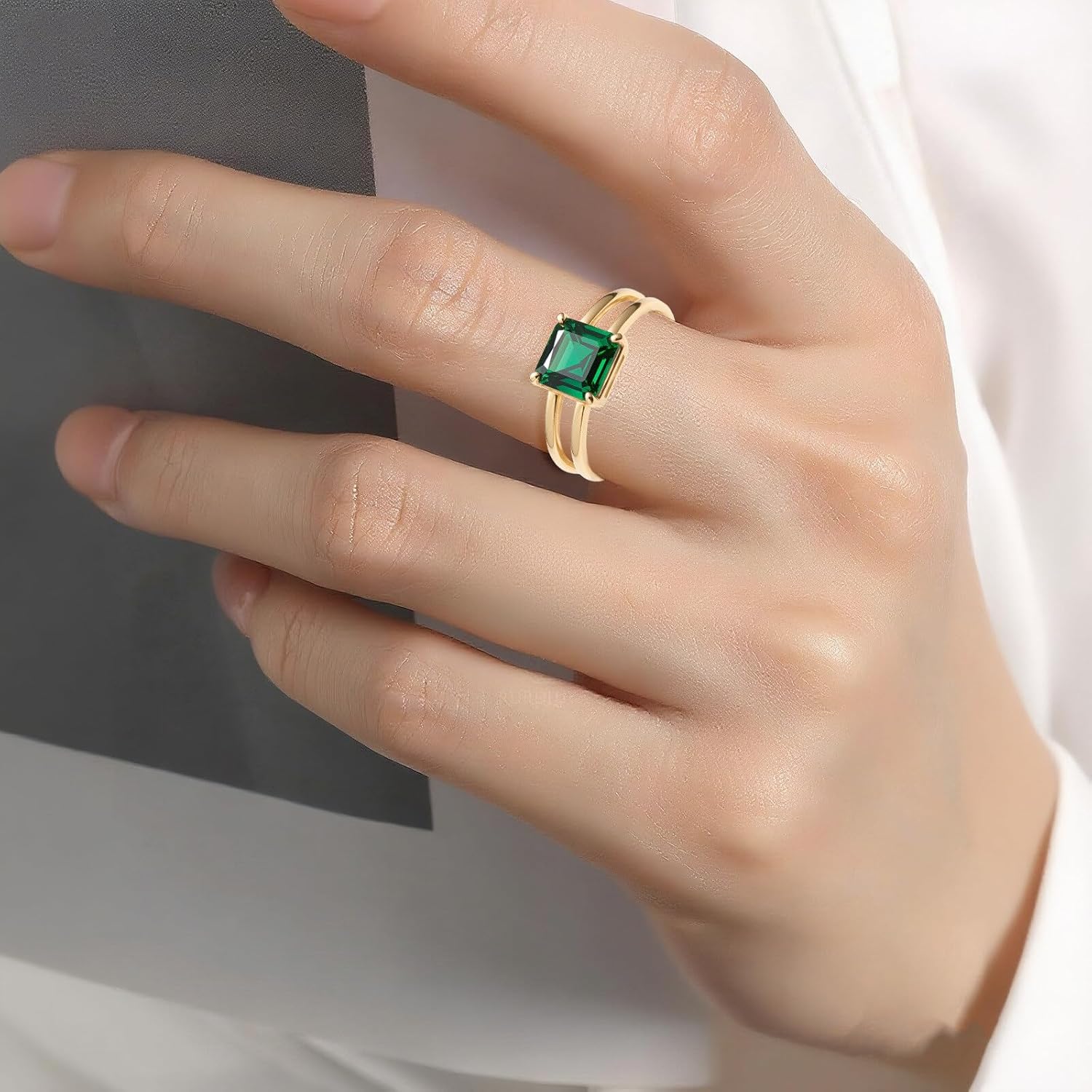 WSX 2 Carat Square Cut Emerald Ring For Women 10K/14K/18K Solid Gold Classic Band with Openwork Shank Anniversary, Engagement, Promise, Wedding Gift for Her Wife