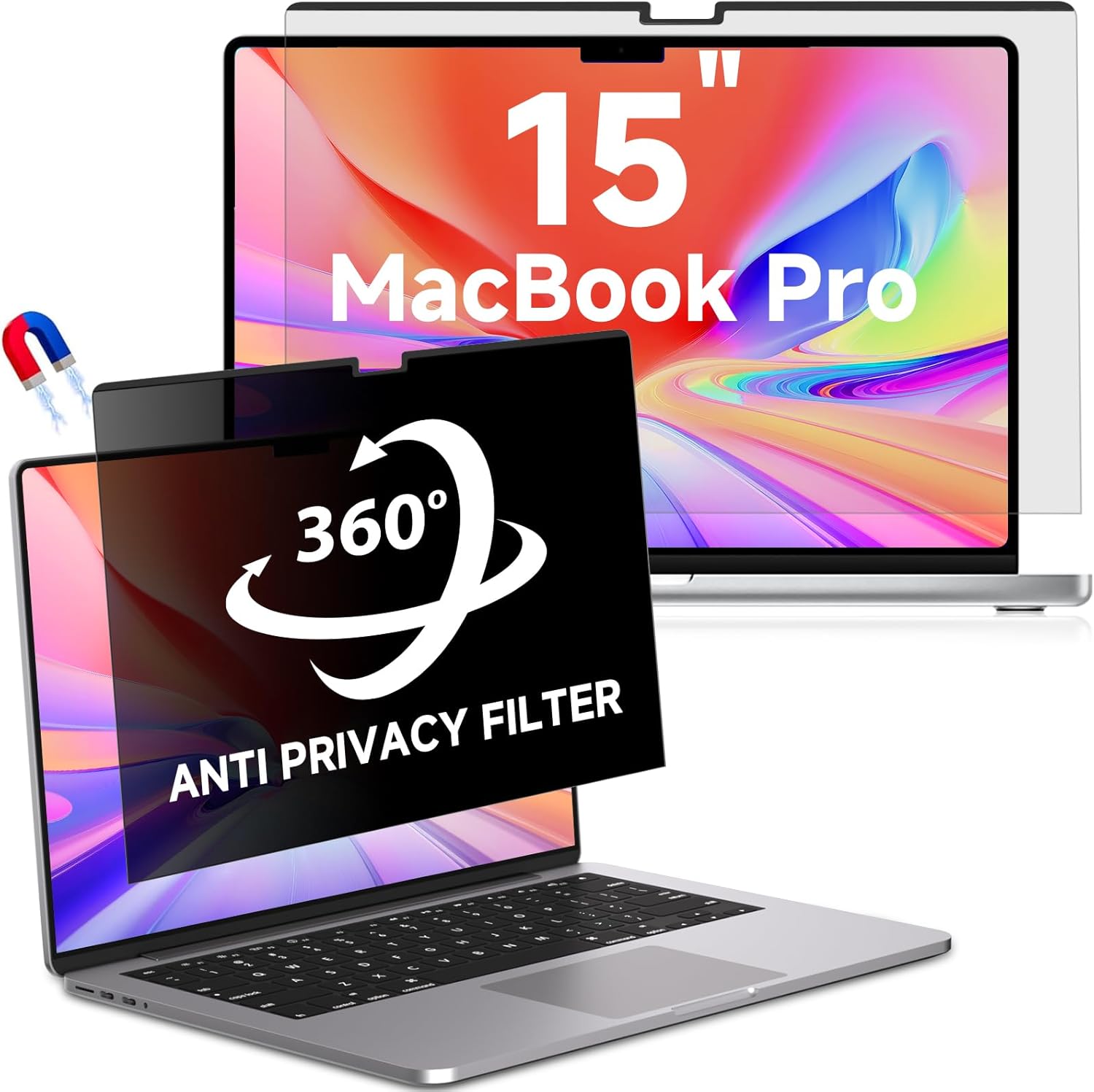 Magnetic MacBook Air 15 Inch Privacy Screen(2023-2025, M2, M3, M4), Removable Anti Glare Blue Light Macbook Pro Screen Protector, 360° Anti Spy and Easy Install Shield